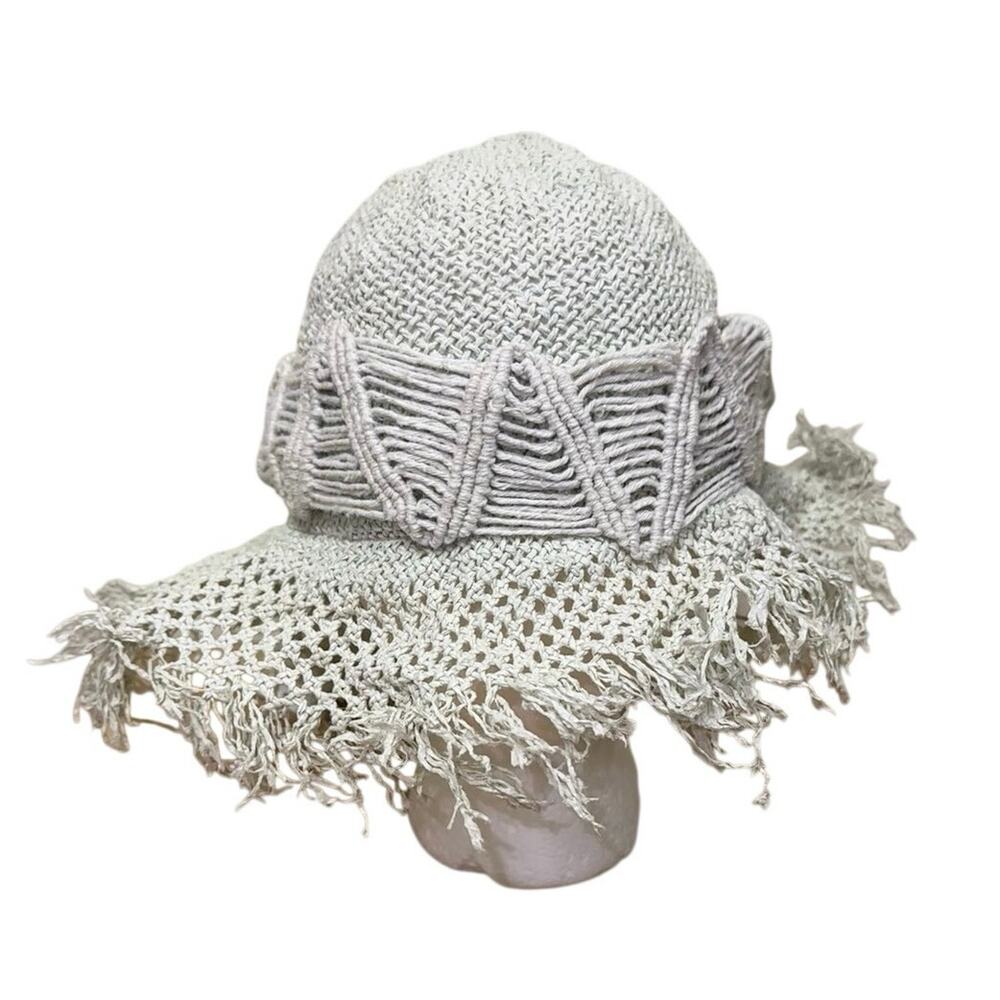 Vintage Italian Straw Bucket Hat Fringe Trim Boho Festival Muted Blue & White